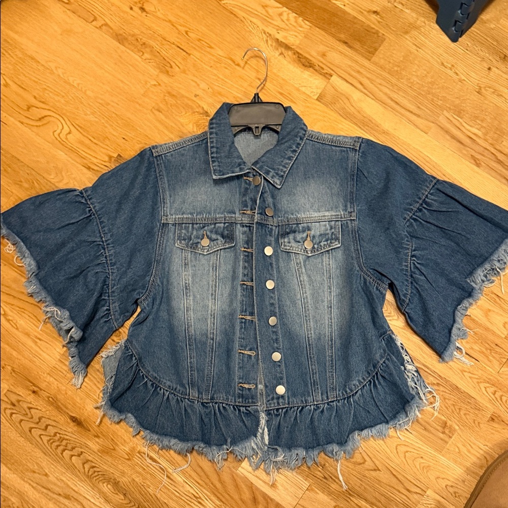 SHEIN Blue Jean Jacket with Frayed Hem
